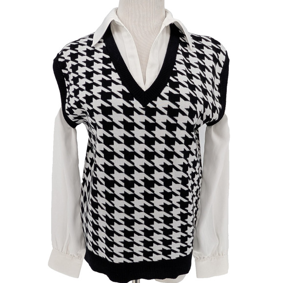Adrianna Papell Black Houndstooth Sweater Vest Layered Collared Shirt 90s Twee - Picture 3 of 12